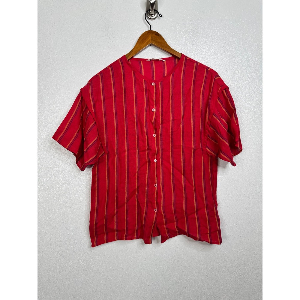 Miss Harlow Italy Red Striped Linen Button Up Blouse Short Sleeve Top Size 44